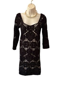 Intimately FP Black Crochet Long-Sleeve Scoop-Neck Dress